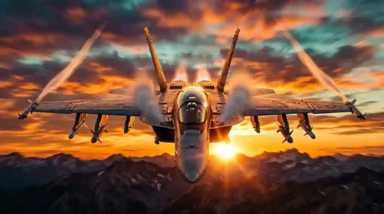 Photorealistic F/A-18 Super Hornet fighter jet flying directly towards the camera over mountain peaks during a dramatic sunset with orange and teal sky color grading.