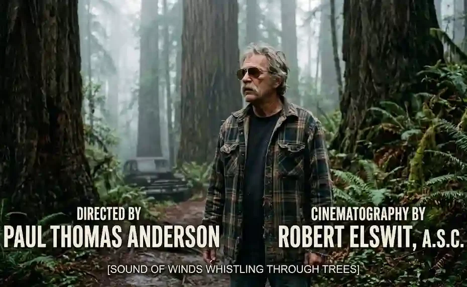 An aging male slacker with a thick mustache and sunglasses wearing a worn plaid jacket in a misty Northern California redwood forest.
