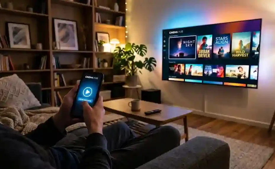 A person holding a smartphone to control a best free movie sites streaming app on a large smart TV in a cozy, modern living room at night.