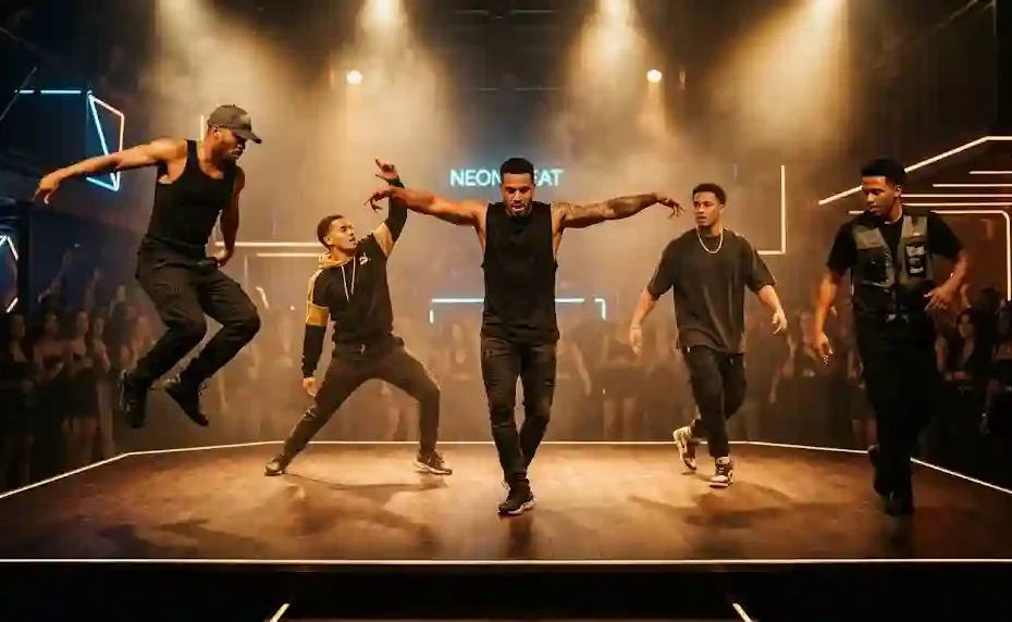 Muscular male dancers performing an athletic hip-hop routine on a modern stage with warm golden spotlights.
