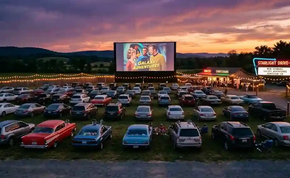 A wide 16:9 cinematic shot of an American drive-in movie theater at twilight with cars parked on green grass facing a glowing outdoor screen under an orange and purple sunset sky.