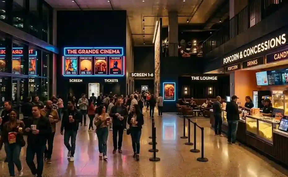 A wide-angle, high-resolution shot of a modern movie theater lobby at night with glowing neon movie posters, theatergoers, and a brightly lit popcorn concession stand.