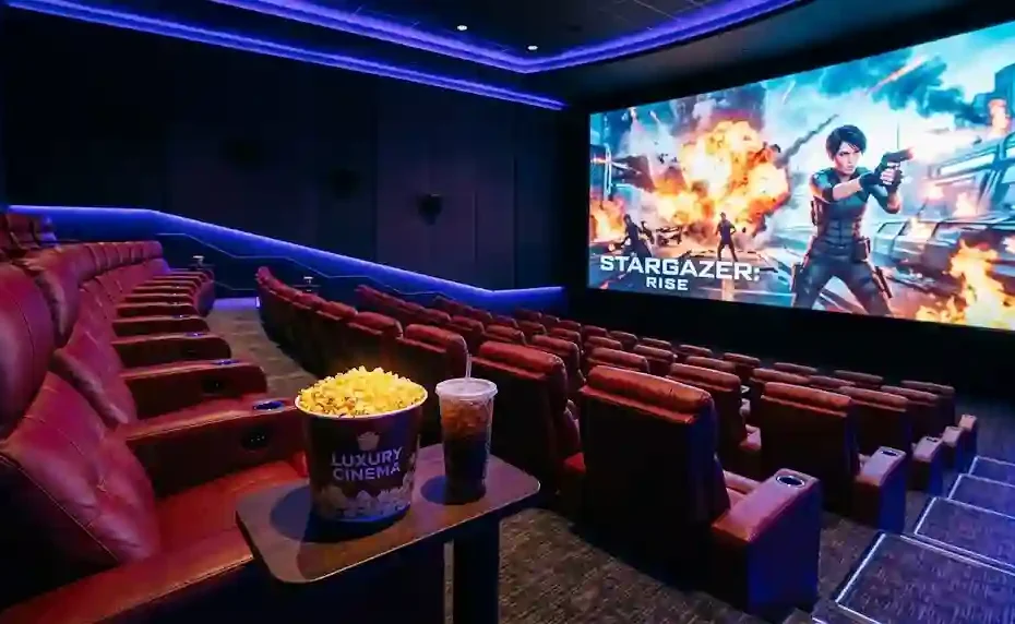 Modern luxury movie theater interior featuring red leather reclining seats, a tub of popcorn on a side table, and a large blockbuster screen with neon blue ambient lighting.